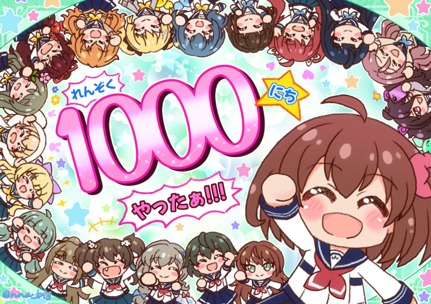 6+girls, ahoge, asahina_kokomi, battle_girl_high_school, blonde_hair, blue_bow, blue_hair, blue_skirt, blush, bow, brown_hair, cellphone, character_request, chibi, closed_eyes, commentary_request, dog_hair_ornament, everyone, fang, flower, fortissimo, fujimiya_sakura, green_eyes, green_hair, hair_between_eyes, hair_bow, hair_ornament, hasumi_urara, highres, holding, holding_flower, holding_phone, hoshitsuki_miki, kougami_kanon, kunieda_shiho, minami_hinata, multiple_girls, musical_note, musical_note_hair_ornament, nna_btg, open_mouth, orange_hair, phone, pink_flower, red_hair, sadone, sailor_collar, school_uniform, scrunchie, sendouin_kaede, serafuku, serizawa_renge, skirt, smile, tokiwa_kurumi, tsubuzaki_anko, twintails, wakaba_subaru, watagi_michelle