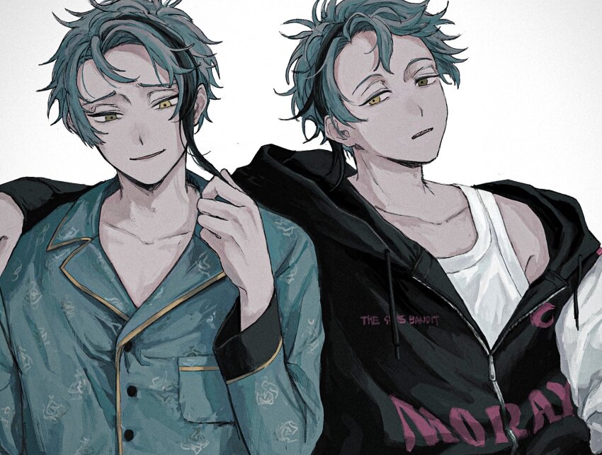 2boys, aqua_hair, black_hoodie, blue_pajamas, floyd_leech, floyd_leech_(cozy_loungewear), hair_between_eyes, hand_on_another's_shoulder