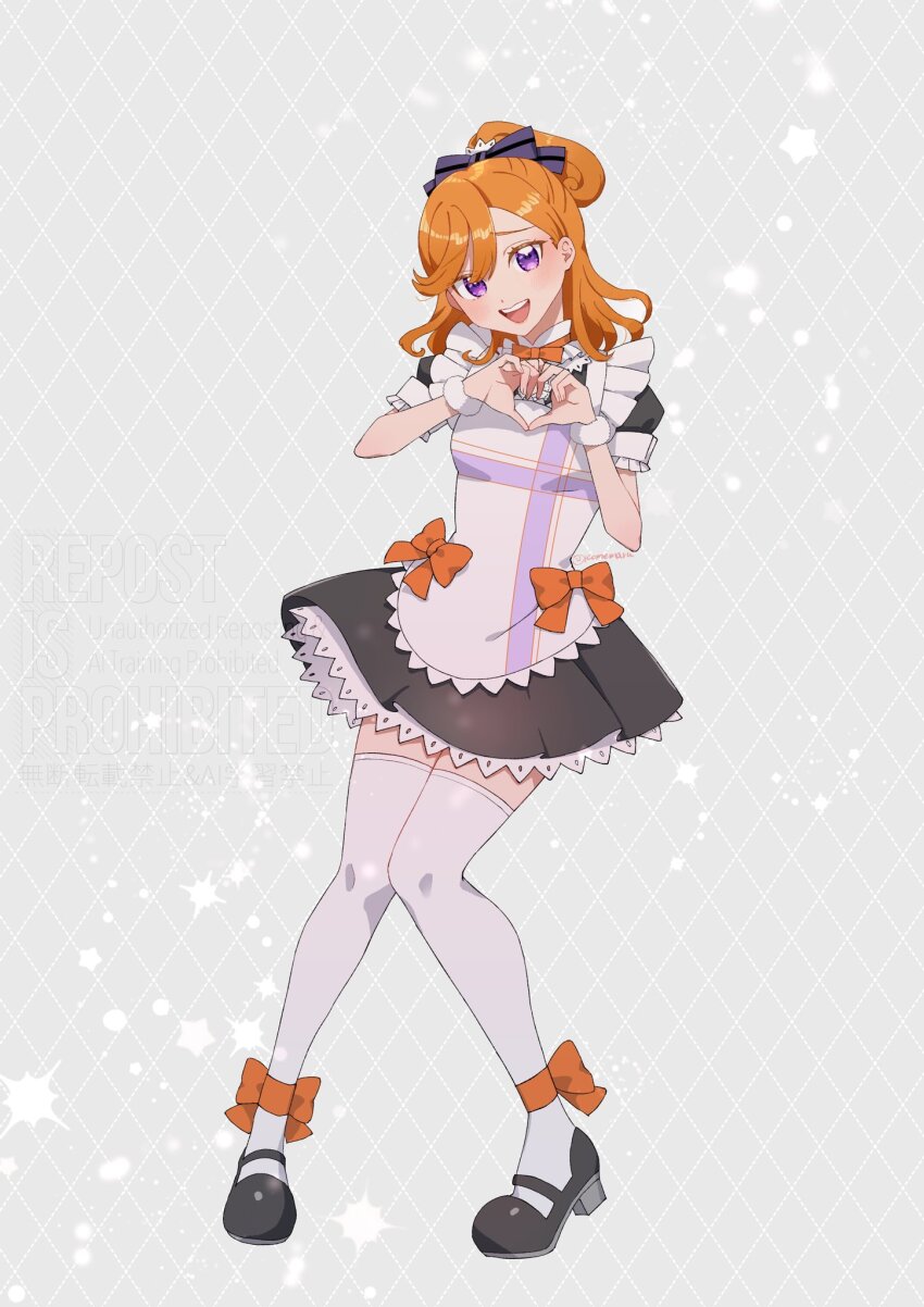 1girl, :d, alternate_costume, apron, black_bow, black_shoes, blue_dress, bow, commentary_request, dress, full_body, grey_background, hair_bow, heart, heart_hands, highres, long_hair, looking_at_viewer, love_live!, love_live!_school_idol_project, love_live!_superstar!!, maid, maid_apron, mary_janes, mogyutto_"love"_de_sekkin_chuu!, neck_ribbon, okome_maru, open_mouth, orange_hair, orange_ribbon, ponytail, puffy_short_sleeves, puffy_sleeves, purple_eyes, ribbon, shibuya_kanon, shoes, short_sleeves, smile, solo, standing, thighhighs, watermark, white_apron, white_thighhighs, zettai_ryouiki