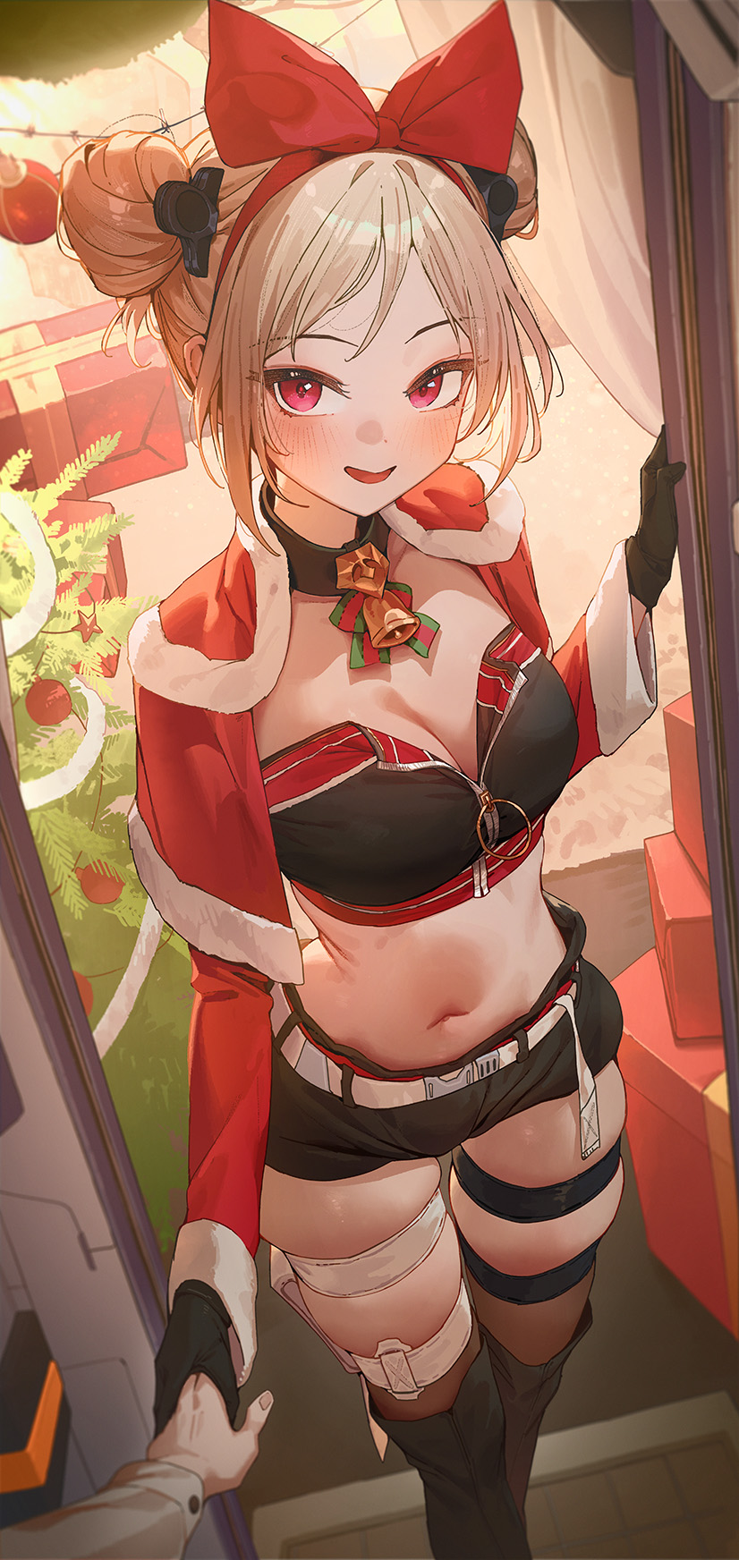 1boy, 1girl, black_shorts, black_tube_top, blonde_hair, blush, bow, breasts, capelet, christmas_tree, cleavage, commander_(girls'_frontline), commentary_request, commission, double_bun, feet_out_of_frame, girls'_frontline, hair_bun, highres, medium_breasts, navel, official_alternate_costume, official_alternate_hairstyle, open_mouth, p90_(girls'_frontline), p90_(scarlet_turbo)_(girls'_frontline), pixiv_commission, pov, pov_hands, red_bow, red_capelet, red_eyes, shorts, smile, standing, stomach, strapless, tube_top, yam810