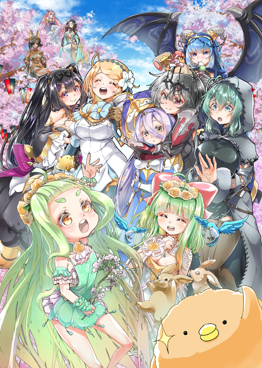 6+girls, absurdres, ahoge, animal_ears, armor, aurora_(sennen_sensou_aigis), baby_animal, bird