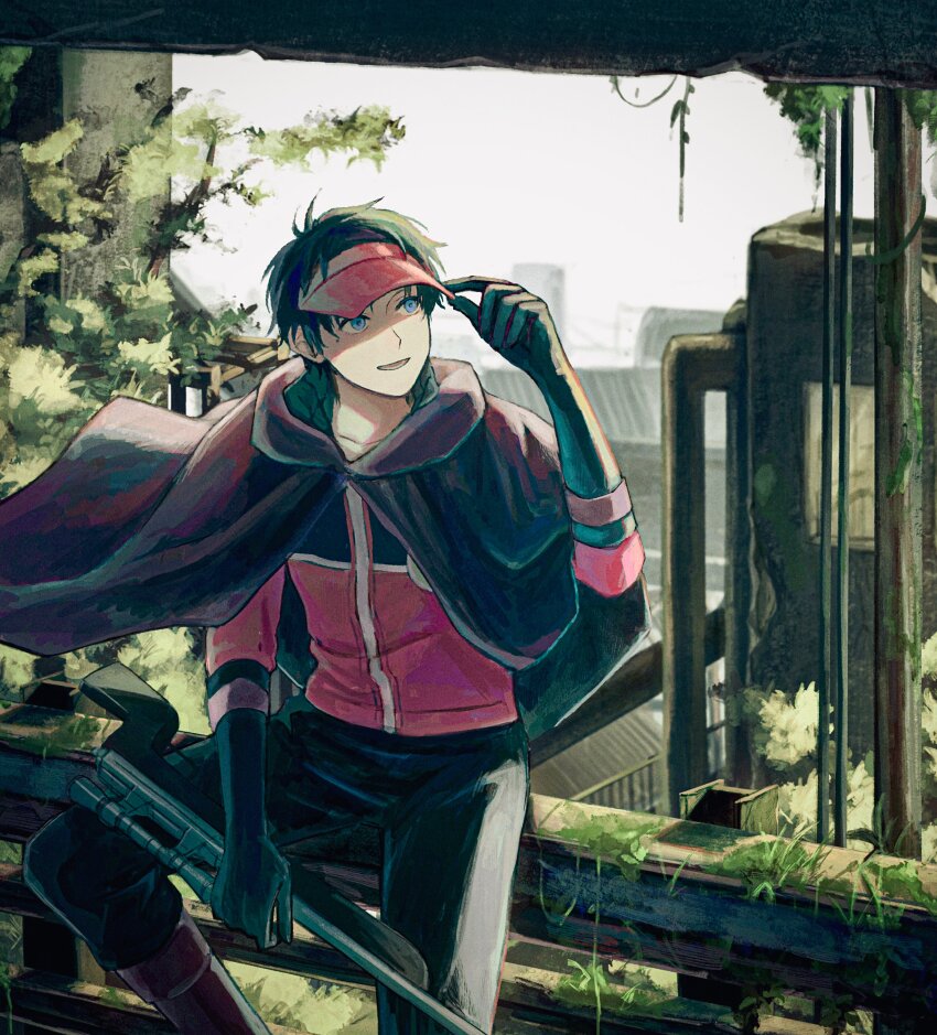 1boy, absurdres, black_gloves, black_pants, blue_eyes, blue_hair, blurry, blurry_background