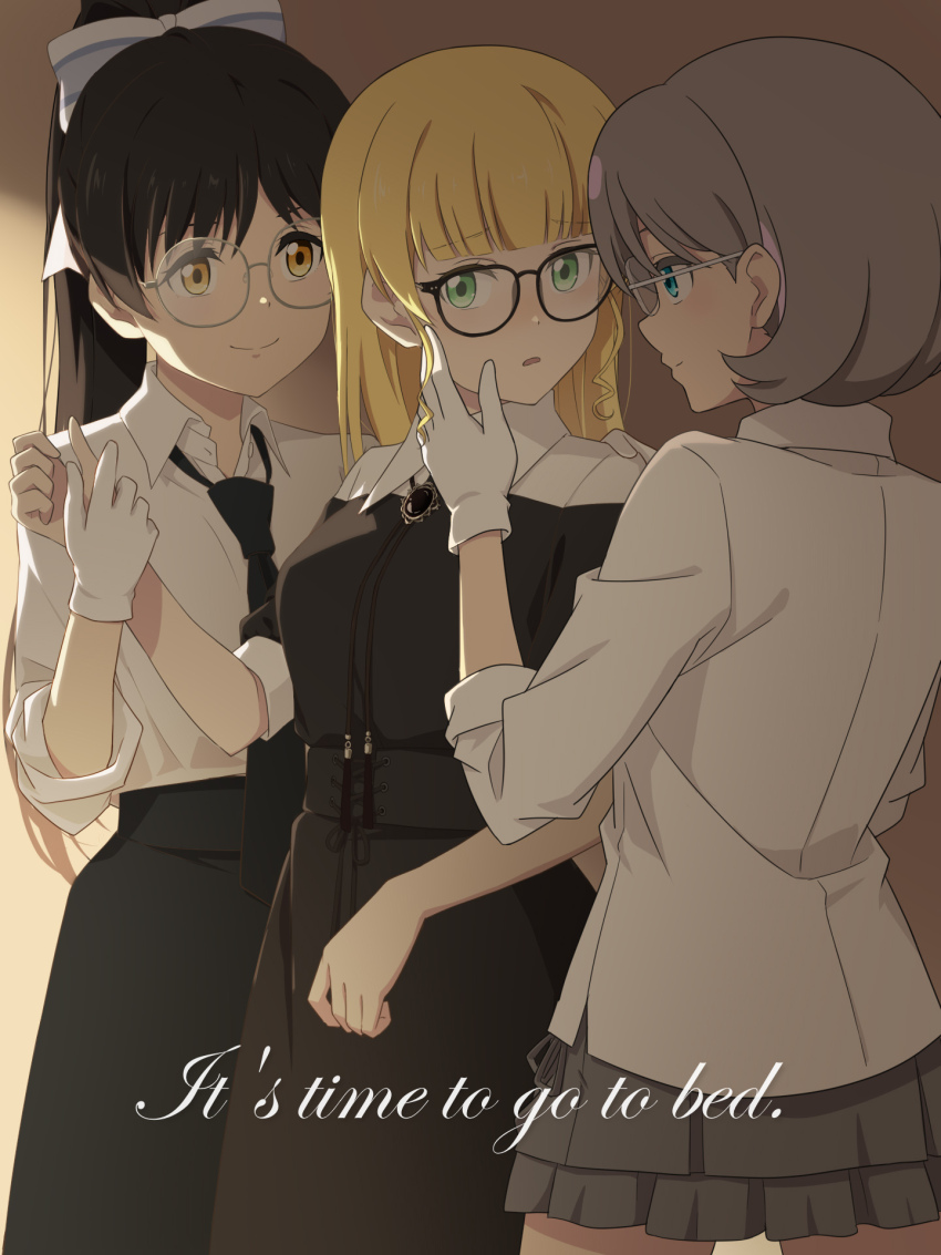 3girls, black_hair, blonde_hair, blue_eyes, brooch, commentary_request, english_text, glasses, good_night_ojosama_(asmrz), green_eyes, grey_hair, hair_ribbon, hand_on_another's_cheek, hand_on_another's_face, hand_on_another's_shoulder, hazuki_ren, heanna_sumire, highres, holding_hands, jewelry, laofuzi_dai_bansho, long_hair, looking_at_another, loose_necktie, love_live!, love_live!_superstar!!, multiple_girls, necktie, ponytail, revision, ribbon, sandwiched, shirt, short_hair, skirt, smile, tang_keke, white_shirt, yellow_eyes, yuri