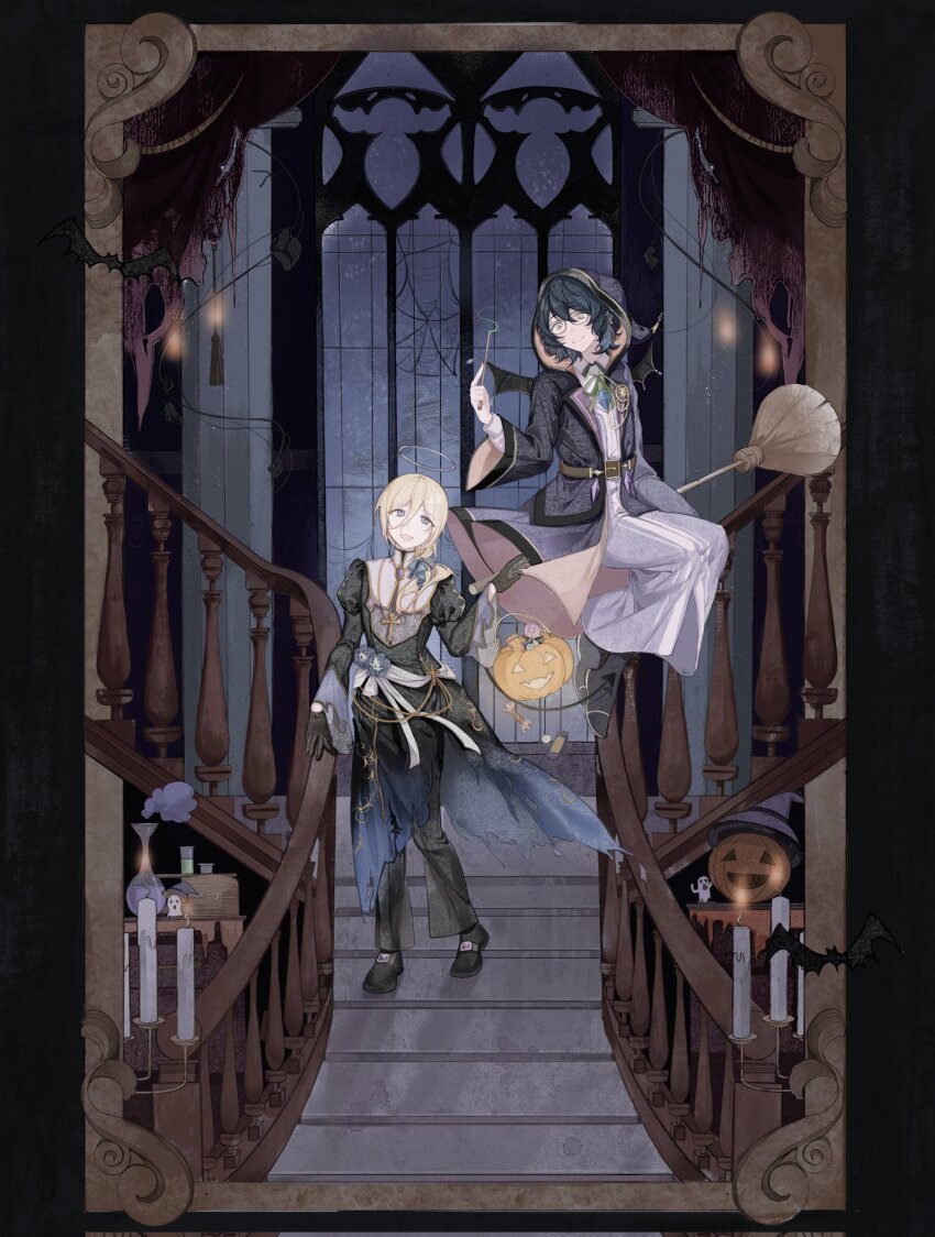 2boys, aoba_tsumugi, arm_up, bat_wings, black_border, black_dress, black_footwear, black_hoodie, black_pants, blonde_hair, blue_eyes, blue_hair, blue_ribbon, border, broom, broom_riding, candle, dress, ensemble_stars!, green_ribbon, grey_pants, hair_between_eyes, halloween_bucket, halo, highres, holding, holding_wand, hood, hoodie, jack-o'-lantern, juliet_sleeves, long_hair, long_sleeves, looking_at_another, medium_hair, multiple_boys, o875765, pants, puffy_sleeves, ribbon, shirt, silk, spider_web, stairs, tenshouin_eichi, wand, white_shirt, wings, yellow_eyes