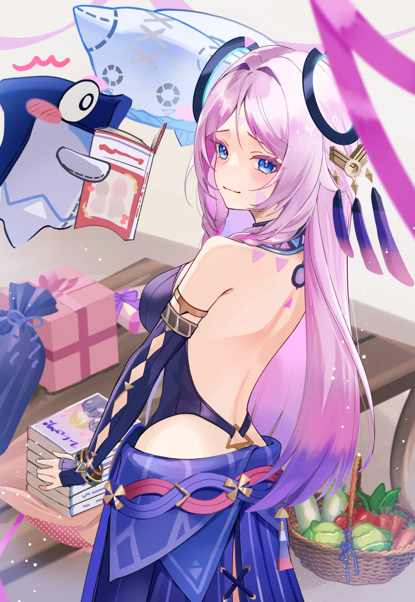 1girl, absurdres, backless_leotard, bare_back, bare_shoulders, basket, black_gloves, black_leotard