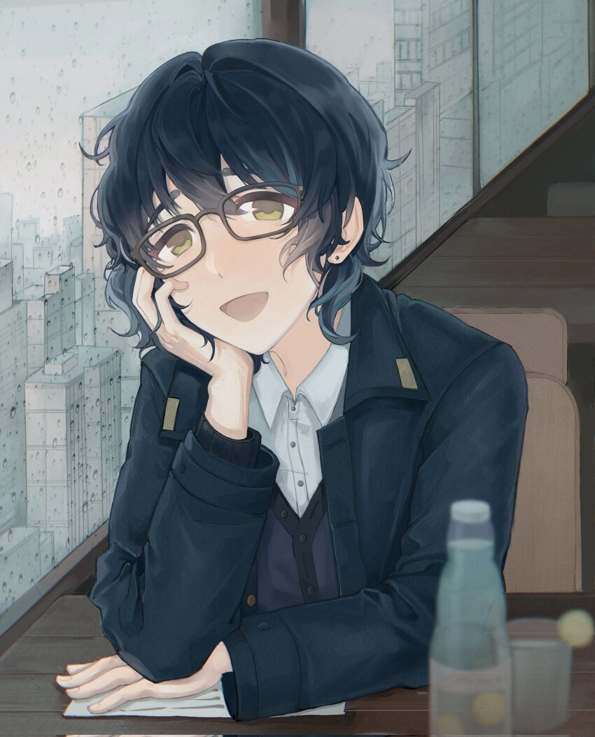 1boy, aoba_tsumugi, black_jacket, black_sweater_vest, blue_hair, bottle, chair, curly_hair