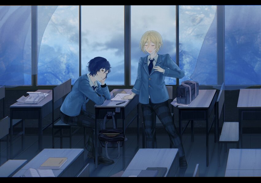 2boys, aoba_tsumugi, arm_up, bag, black_border, black_pants, blonde_hair, blue_hair
