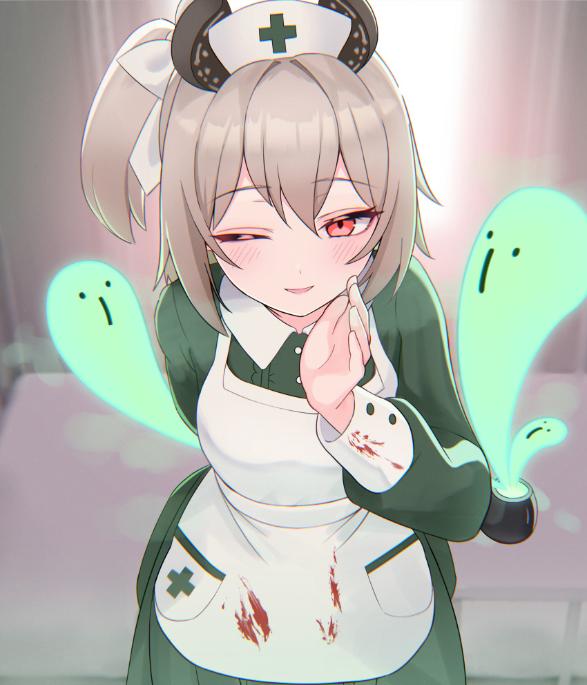 1girl, absurdres, animal_ears, apron, blood, blood_on_clothes, brown_hair, dress