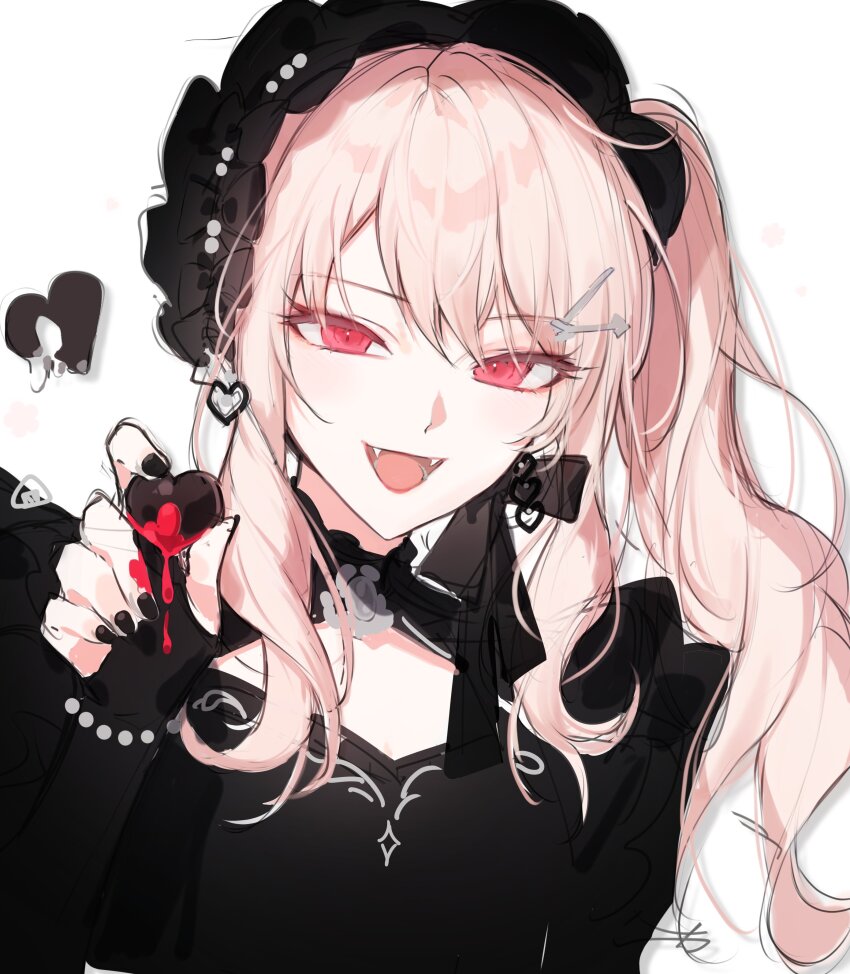 1girl, absurdres, akiyama_mizuki, bead_bracelet, beads, black_dress, black_nails, black_ribbon, blonde_hair, blood, bracelet, brooch, dress, earrings, fangs, frills, hair_ornament, hairband, hairclip, heart, heart_earrings, highres, jewelry, long_hair, nail_polish, official_alternate_costume, onigiri_0000, open_mouth, pink_hair, ponytail, project_sekai, red_eyes, ribbon, side_ponytail, smile, solo, teeth, upper_body, upper_teeth_only, white_background