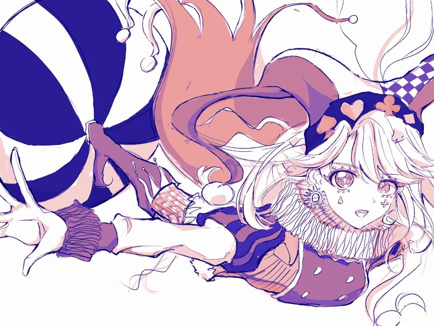 1girl, checkered_clothes, checkered_hat, checkered_pantyhose, club_(shape), gloves, hat, highres, jester, jester_cap, jikishirone, long_hair, madan_no_ichi, madolchenights, multicolored_hair, multicolored_hat, neck_ruff, pantyhose, puffy_sleeves, streaked_hair, striped_clothes, striped_headwear, striped_pantyhose, vertical-striped_clothes, vertical-striped_headwear