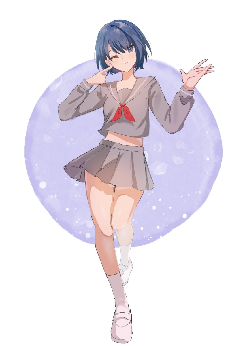 1girl, blue_eyes, blue_hair, closed_mouth, full_body, grey_shirt, grey_skirt, highres, kamibukuro_ge, kiritani_haruka, long_sleeves, looking_at_viewer, midriff, neckerchief, one_eye_closed, pleated_skirt, project_sekai, red_neckerchief, sailor_collar, school_uniform, serafuku, shirt, shoes, short_hair, skirt, smile, socks, solo, standing, standing_on_one_leg, white_shoes, white_socks