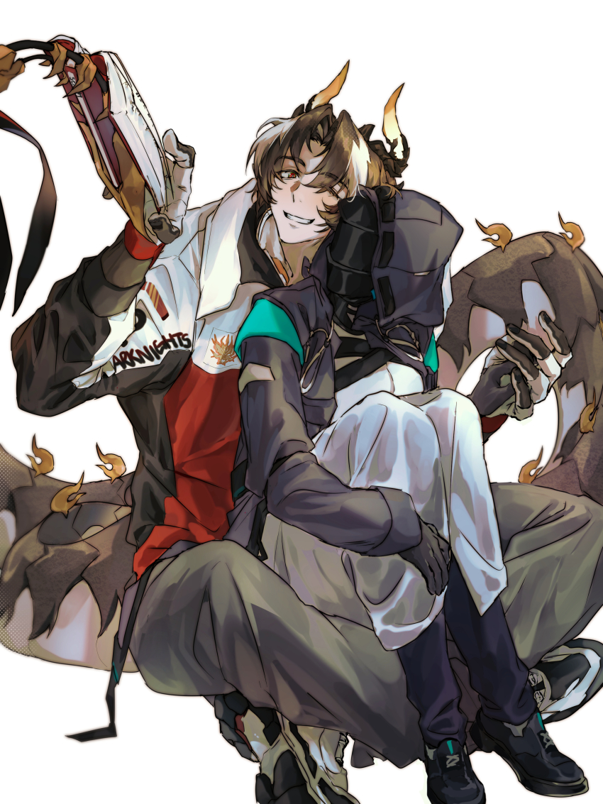 1boy, 1girl, absurdres, arknights, black_footwear, black_gloves, book, brown_hair, chongyue_(all-round_actor)_(arknights), chongyue_(arknights), coat, collared_jacket, covered_face, doctor_(arknights), dragon_boy, dragon_horns, dragon_tail, female_doctor_(arknights), full_body, gloves, grey_pants, grin, hand_grab, hand_on_own_leg, hand_up, head_tilt, heads_together, height_difference, hetero, highres, hood, hood_up, hooded_coat, horns, indian_style, jacket, knees_up, looking_at_viewer, multicolored_gloves, multicolored_hair, multicolored_jacket, one_eye_closed, open_book, open_clothes, open_coat, orange_eyes, pants, parted_bangs, shirt, shoes, simple_background, sitting, sitting_between_legs, smile, sneakers, streaked_hair, tail, tareme, teeth, walhee221, white_background, white_footwear, white_gloves, white_hair, white_jacket, white_pants, white_shirt