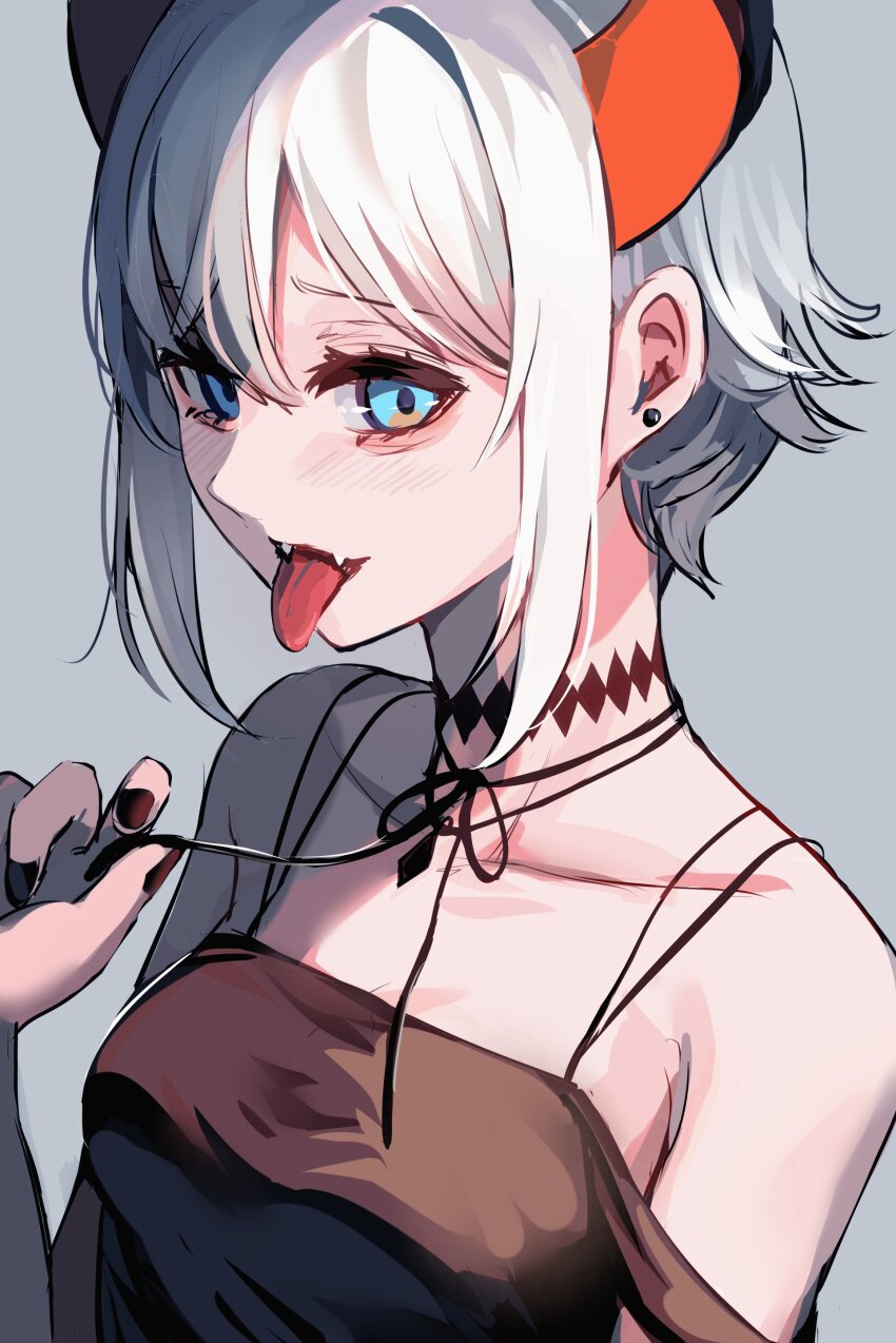 1girl, absurdres, bare_shoulders, black_horns, black_nails, blue_eyes, earrings, fangs