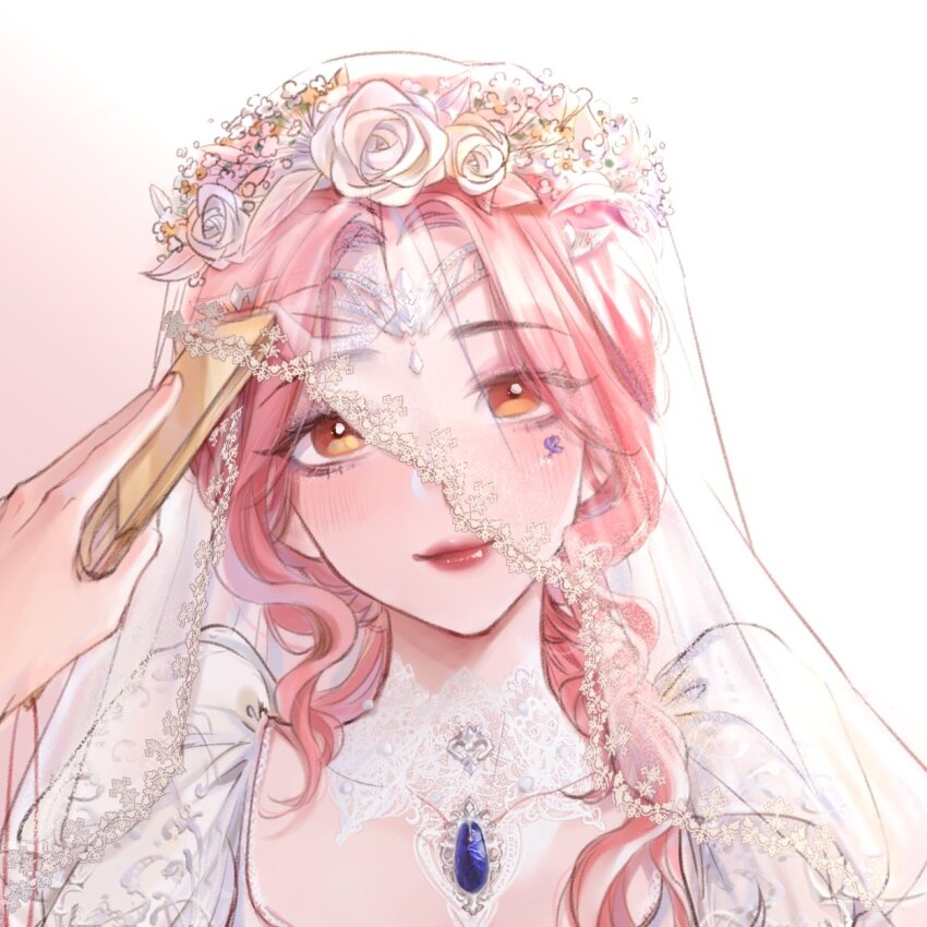 1girl, binglanxianqi, blue_gem, bridal_veil, bride, bright_pupils, brown_eyes, chest_jewel
