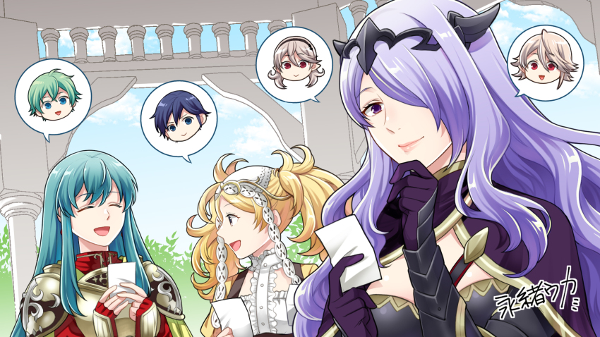 3girls, aqua_eyes, ballot, black_gloves, blonde_hair, camilla_(fire_emblem), cape, chrom_(fire_emblem)