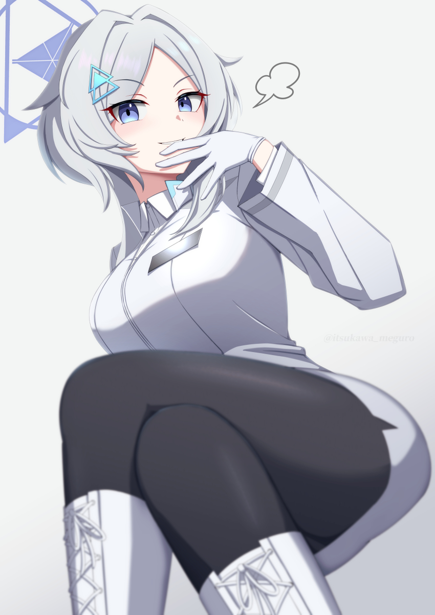 1girl, absurdres, black_pantyhose, blue_archive, blue_eyes, gloves, gotokawa_meguro, grey_hair