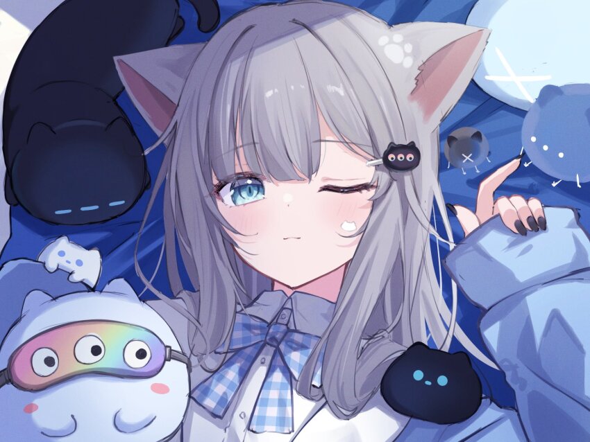 animal_ears, blue_bow, blush, bow, cat_ears, cat_girl, collared_shirt, grey_hair