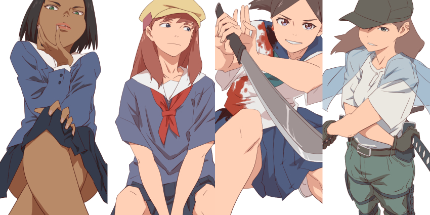 3girls, aonori_misuji, baseball_cap, black_hair, black_hat, blood, blood_on_clothes, blue_sailor_collar
