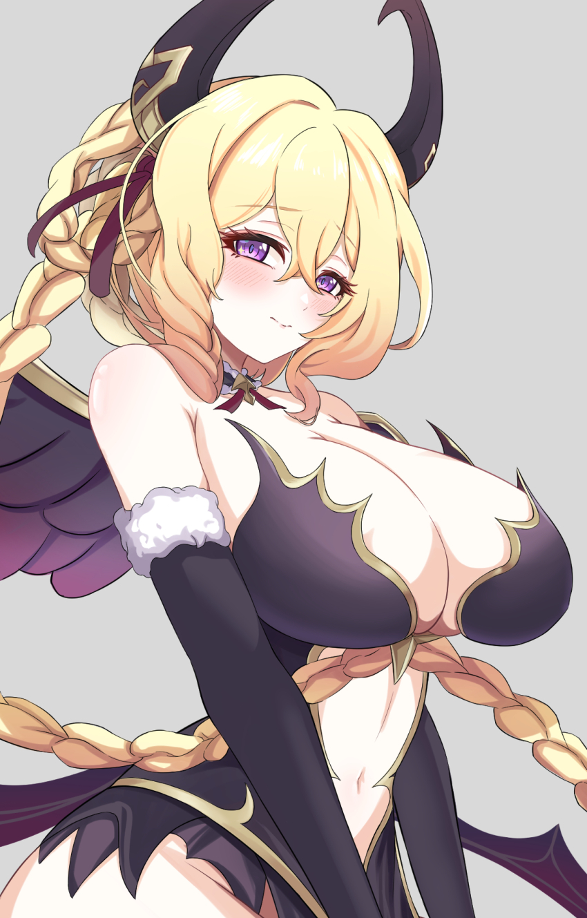 1girl, black_dress, black_gloves, black_horns, black_wings, blonde_hair, braid, braided_hair_rings, breasts, cleavage, closed_mouth, clothing_cutout, demon_horns, dress, elbow_gloves, feathered_wings, fur-trimmed_gloves, fur_trim, gloves, hair_rings, highres, horns, kazam_fm, large_breasts, long_braid, lyrael_(christmas)_(princess_connect!), lyrael_(princess_connect!), navel, navel_cutout, princess_connect!, purple_eyes, simple_background, solo, strapless, strapless_dress, under_wing, wings