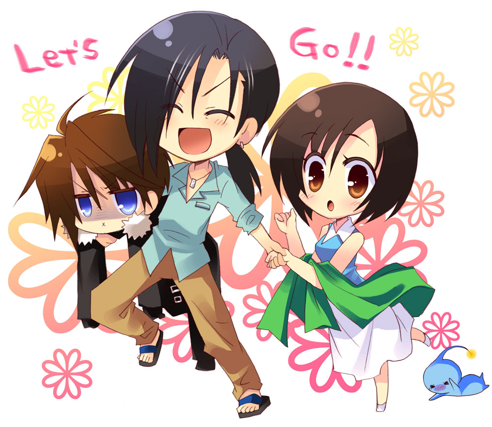 >:x, 1990s_(style), 1girl, 2boys, age_difference, black_hair, blue_eyes, brother_and_sister