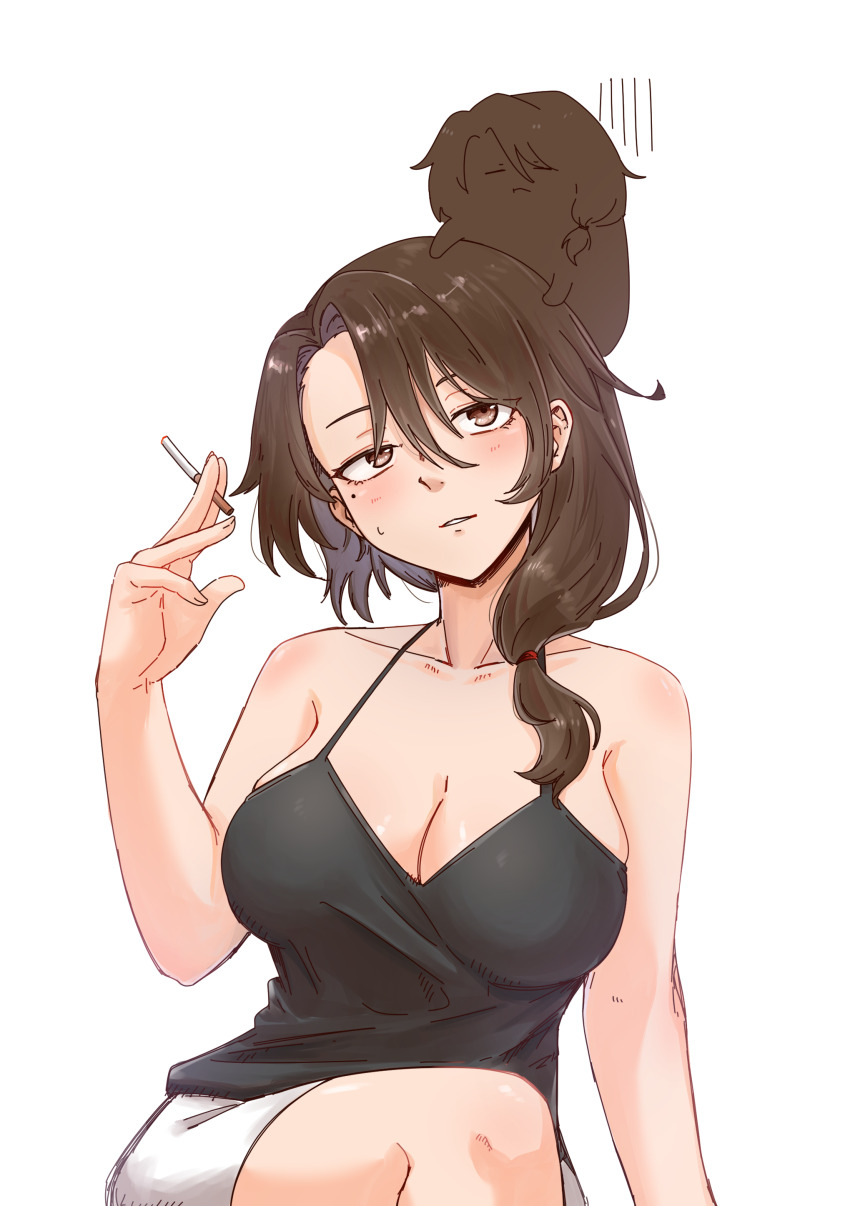 1girl, absurdres, bare_shoulders, breasts, brown_eyes, brown_hair, chibi, chibi_inset