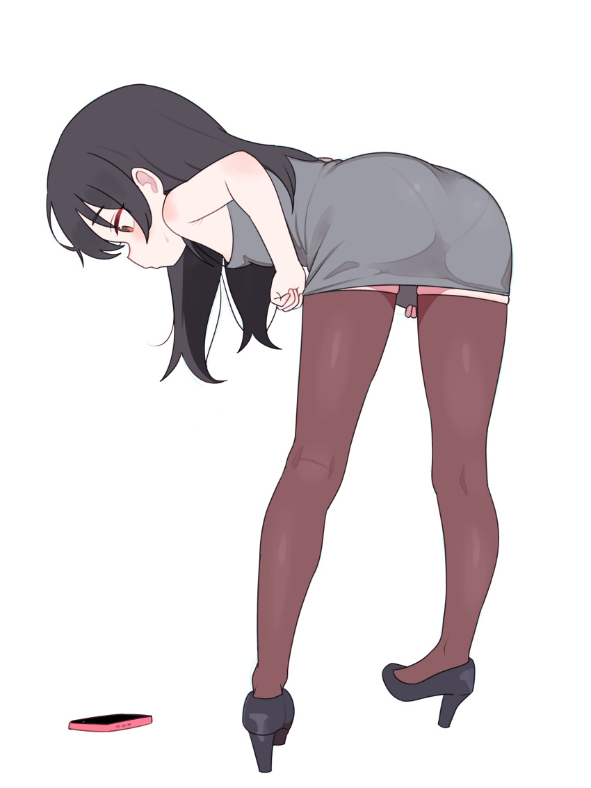 1girl, absurdres, ass, bent_over, black_footwear, black_hair, brown_eyes, brown_thighhighs, dress, dropped_object, full_body, grey_dress, high_heels, highres, lk149, loli, long_hair, office_lady, original, pantylines, pumps, short_dress, simple_background, thighhighs, white_background