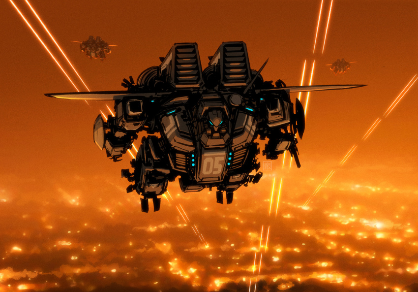 anti-aircraft_fire, flying, glowing, juan_richard_feliz, mecha, mecha_focus, no_humans, orange_sky