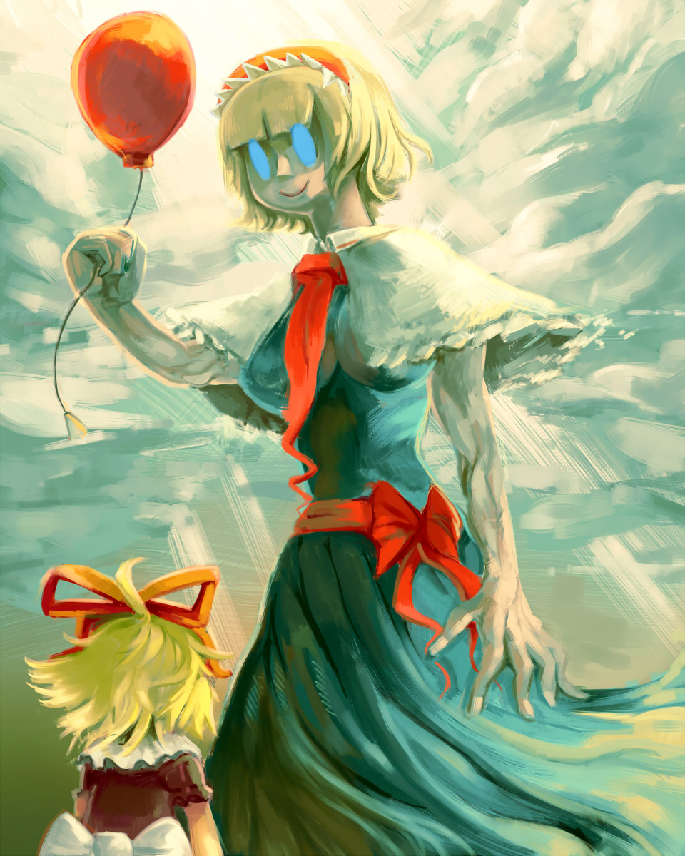 2girls, alice_margatroid, ayuki_(47881314), balloon, blonde_hair, blue_dress, blue_eyes, blunt_bangs