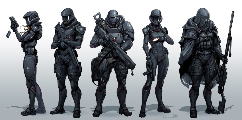 1other, 2boys, 2girls, absurdres, ammunition_belt, armor, assault_rifle, assault_visor