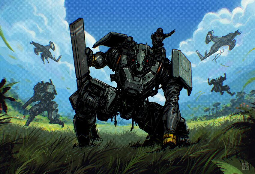 1other, arm_shield, arm_support, body_armor, carrying, cloud, from_below, grass, gun, gunship, helmet, highres, holding, holding_gun, holding_weapon, juan_richard_feliz, mecha, mecha_focus, on_ground, original, pointing, robot, science_fiction, sitting_on_shoulder, sky, superhero_landing, watermark, weapon
