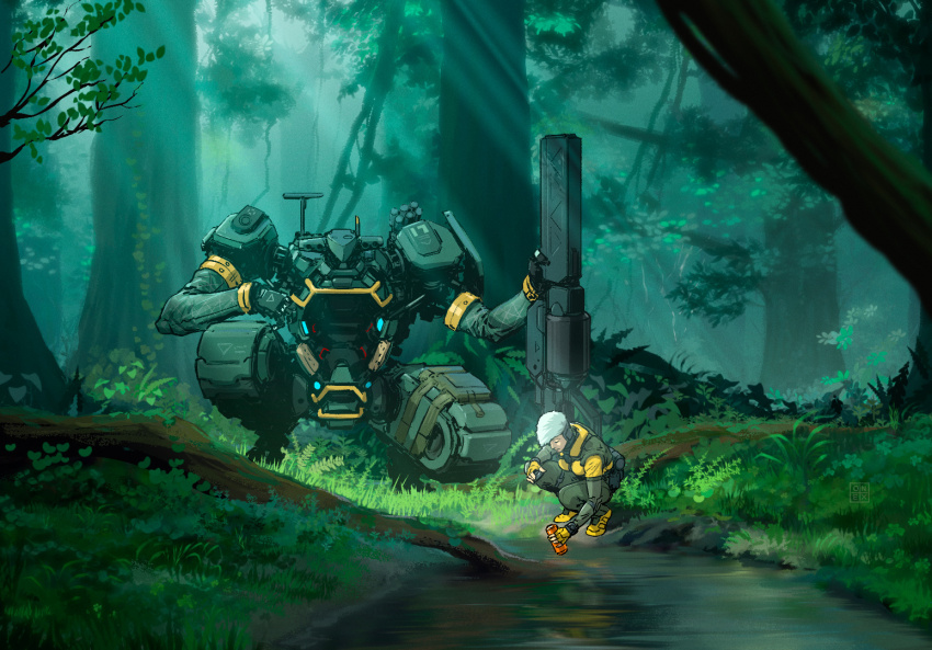 1girl, bottle, breasts, forest, gun, holding, holding_bottle, holding_gun