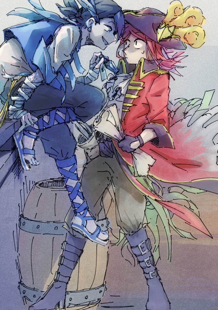 2boys, alternate_costume, bandaged_arm, bandages, bandana, barrel, black_bandana, black_footwear