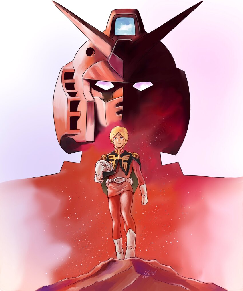 1boy, belt, blonde_hair, blue_eyes, boots, char_aznable, closed_mouth, commentary_request