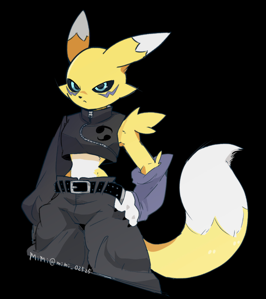 belt, black_sclera, blue_eyes, colored_sclera, digimon, digimon_(creature), facial_mark, fluffy, fox_girl, fox_tail, furry, highres, mimi_02525, pants, renamon, serious, tail