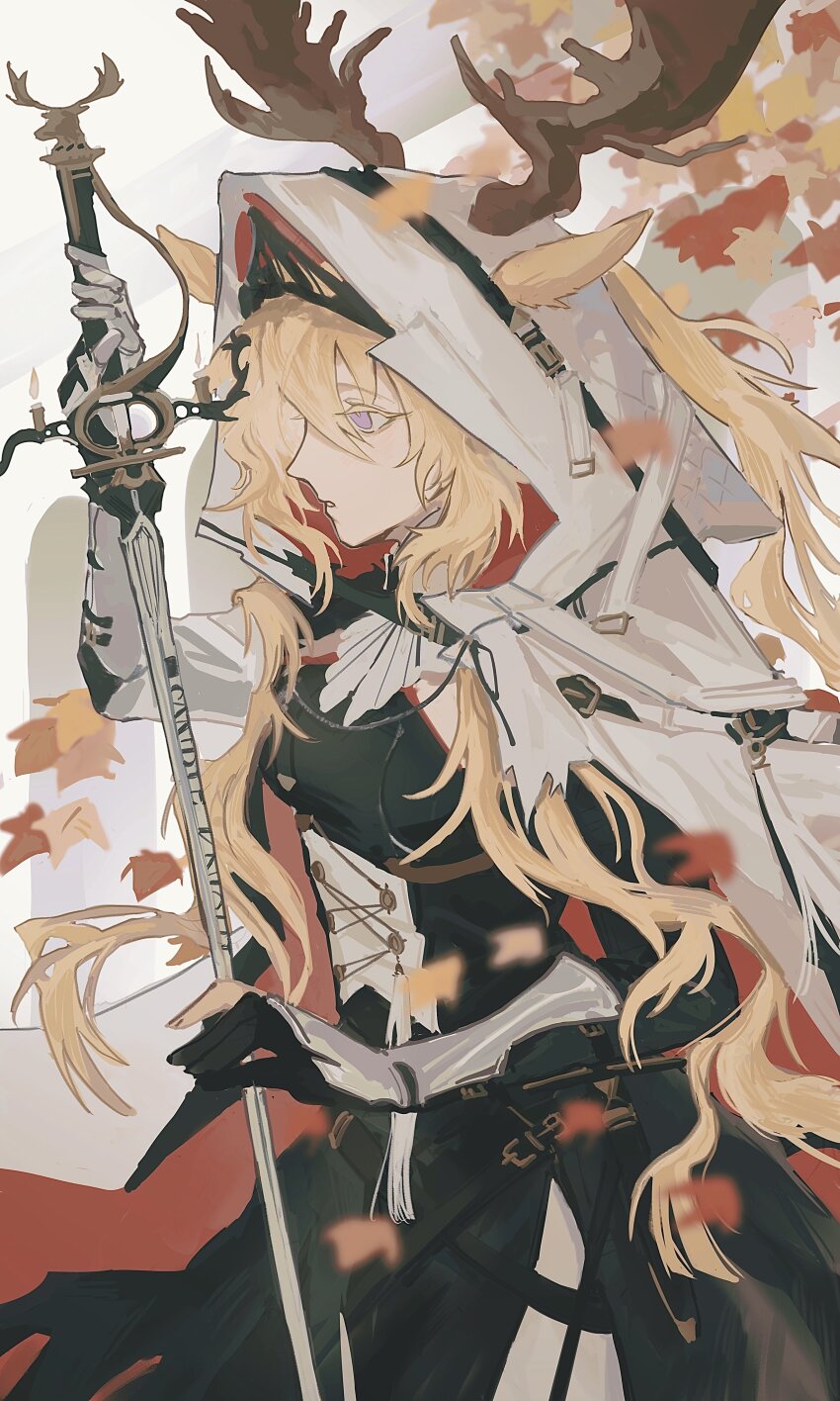 1girl, absurdres, animal_ears, antlers, arknights, black_dress, chinese_commentary, cloak