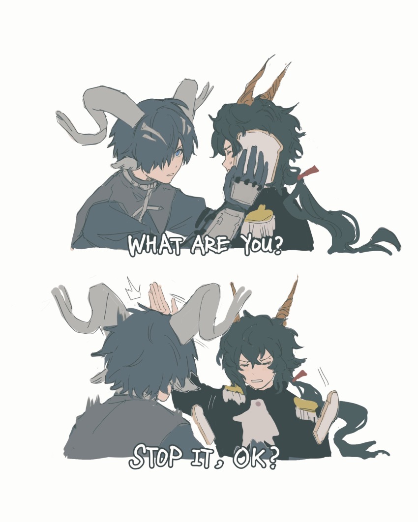 2boys, ^^^, animal_ears, arknights, ascot, black_hair, black_jacket, blue_eyes