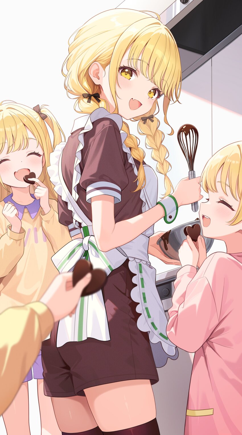 4girls, ^_^, absurdres, alternate_costume, apron, black_thighhighs, blonde_hair, braid, brown_dress, brown_thighhighs, candy, chocolate, chocolate_heart, closed_eyes, commentary_request, dress, enmaided, fang, food, fujita_kotone, fujita_kotone's_sister, gakuen_idolmaster, heart, heart-shaped_food, highres, holding, holding_chocolate, holding_food, holding_whisk, idolmaster, indoors, kitano_yukito, kitchen, long_hair, looking_at_viewer, maid, multiple_girls, open_mouth, pov, pov_hands, puffy_short_sleeves, puffy_sleeves, short_sleeves, siblings, sisters, skin_fang, smile, standing, thighhighs, twin_braids, whisk, white_apron, wrist_cuffs, yellow_eyes