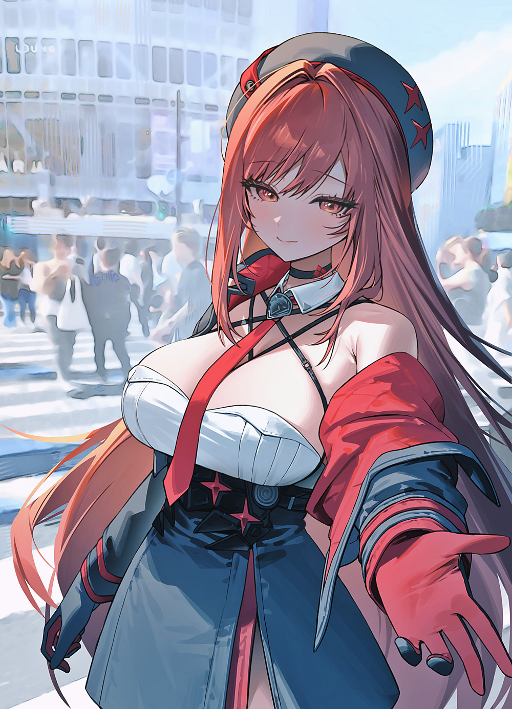 1girl, bare_shoulders, beret, black_choker, black_hat, black_skirt, blurry, blurry_background, breasts, brown_eyes, choker, cleavage, closed_mouth, commentary, detached_collar, gloves, goddess_of_victory:_nikke, hair_intakes, hat, high-waist_skirt, highres, jacket, large_breasts, long_hair, looking_at_viewer, miniskirt, necktie, off_shoulder, official_alternate_design, official_alternate_hair_color, outstretched_hand, people, photo_background, rapi_(nikke), rapi_(red_hood)_(nikke), real_world_location, red_hair, red_jacket, red_necktie, shibuya_(tokyo), shibuya_scramble_crossing, skirt, smile, solo_focus, tokyo_(city), two-tone_gloves, very_long_hair, zhu_yin_(mannermana)