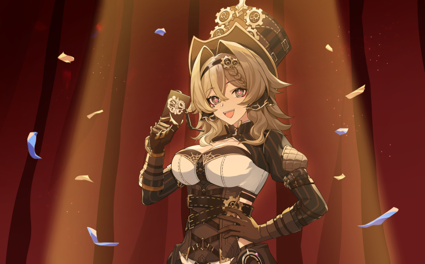 1girl, absurdres, breasts, brown_corset, brown_gloves, brown_hair, card, cen_(cenll), commentary_request, confetti, corset, curtains, gloves, grey_eyes, hair_intakes, hat, highres, holding, holding_card, honkai_(series), honkai_impact_3rd, large_breasts, medium_hair, open_mouth, signet_of_helix, smile, solo, top_hat, upper_body, vill-v