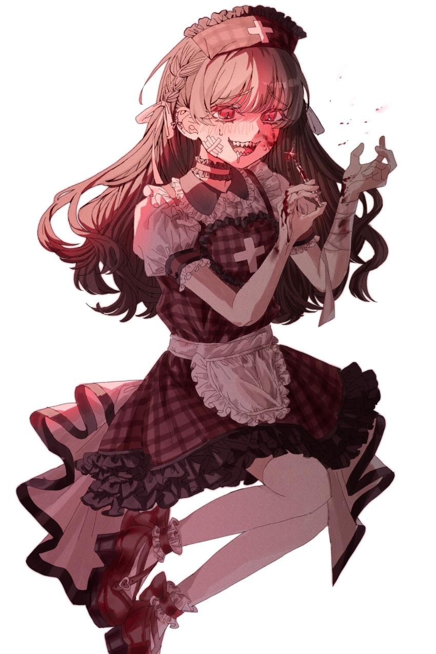 1girl, alternate_costume, apron, baio_rin, bandage_on_cheek, bandaged_arm, bandages, blood