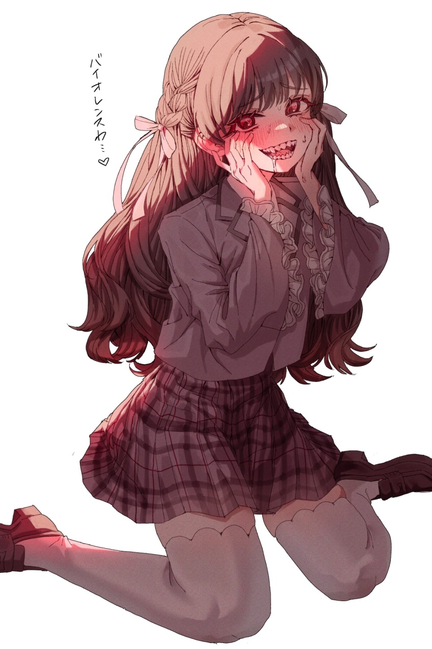 1girl, backlighting, baio_rin, blush, braid, brown_hair, brown_jacket, brown_shoes