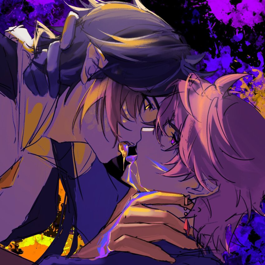 2boys, almost_kiss, blood, genshin_impact, hand_on_another's_neck, highres, multiple_boys, tartaglia_(genshin_impact)