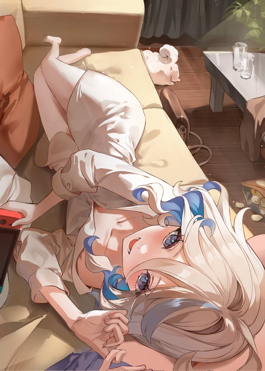 2girls, absurdres, ahoge, bag, blue_eyes, blue_hair, blush, chips_(food)