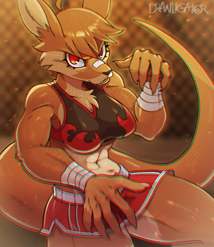 1girl, abs, artist_name, black_sports_bra, body_fur, breasts, cleavage, drawligator