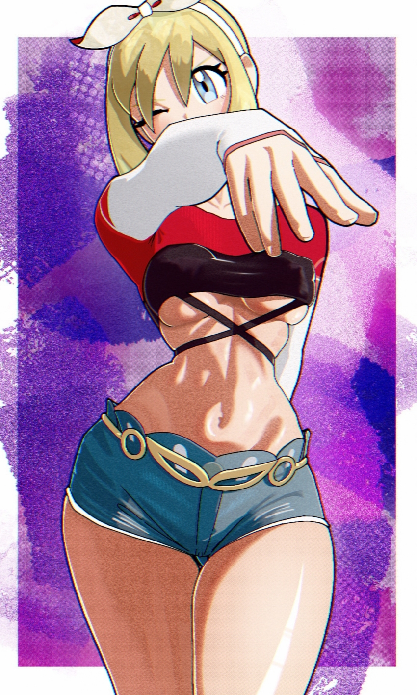 1girl, arm_up, black_shirt, blonde_hair, blue_eyes, blue_shorts, breasts, crop_top