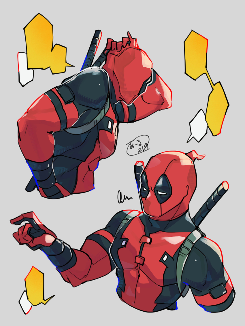 1boy, black_bodysuit, bodysuit, commentary_request, deadpool, deadpool_(series), grey_background, hand_on_own_head, hand_up, highres, marvel, momoi_housuke, multicolored_bodysuit, multiple_views, muscular, muscular_male, red_bodysuit, simple_background, speech_bubble, squiggle, superhero_costume, two-tone_bodysuit, upper_body, weapon, weapon_on_back
