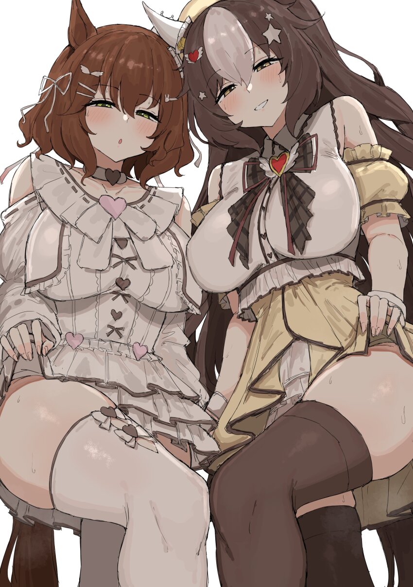 2girls, absurdres, animal_ears, aston_machan_(everlasting_candy)_(umamusume), aston_machan_(umamusume), black_thighhighs, breasts, brown_hair, hair_ornament, highres, horse_ears, horse_girl, horse_tail, kumiyabe, large_breasts, looking_at_viewer, multiple_girls, official_alternate_costume, short_hair, simple_background, standing, star_(symbol), star_hair_ornament, tail, thighhighs, thighs, umamusume, white_background, white_thighhighs, yamanin_zephyr_(sugary_wind)_(umamusume), yamanin_zephyr_(umamusume), yellow_eyes