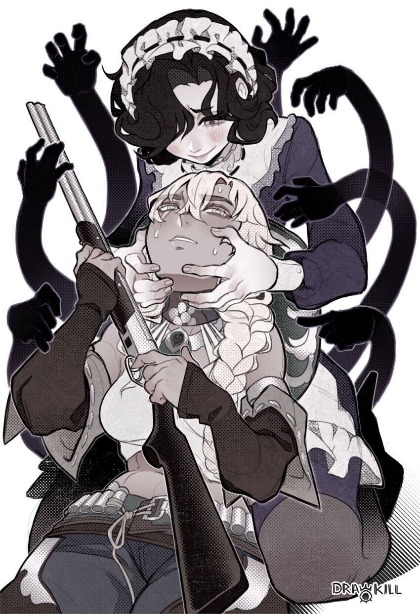 2girls, apron, argus_(reverse:1999), artist_name, bare_shoulders, black_hair, black_pantyhose, blonde_hair