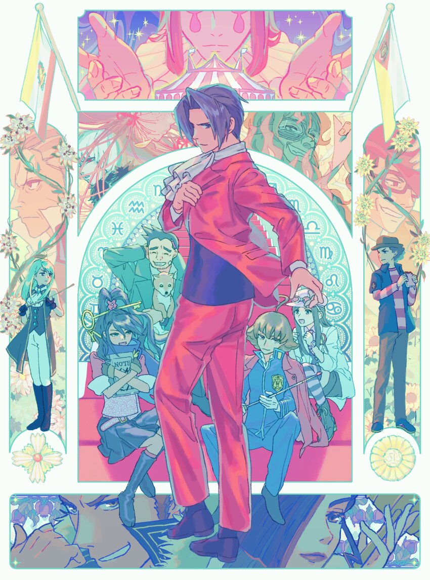 5girls, 6+boys, absurdres, ace_attorney, ace_attorney_investigations, ace_attorney_investigations:_miles_edgeworth, ace_attorney_investigations_2:_prosecutor's_gambit, ahoge, animal, ascot, badge, bandaid, bandaid_on_face, black_footwear, black_vest, blue_hair, blue_jacket, blue_pants, blue_scarf, blue_skirt, boots, brown_gloves, brown_hair, brown_pants, brown_shorts, circus_tent, closed_eyes, coat, conductor_baton, dick_gumshoe, dog, eddie_fender, ema_skye, eustace_winner, excelcius_winner, facepaint, feather_boa, fedora, fire, flag, flower_request, franziska_von_karma, gavel, glasses, gloves, goggles, green_eyes, gregory_edgeworth, grey_hair, grin, hair_over_one_eye, hat, high_ponytail, highres, holding, holding_animal, holding_baton, holding_dog, holding_notepad, holding_paper, jacket, jacket_on_shoulders, kay_faraday, lab_coat, lips, long_hair, male_focus, manfred_von_karma, medium_hair, miles_edgeworth, missile_(ace_attorney), multiple_boys, multiple_girls, newsboy_cap, notepad, old, old_man, open_clothes, open_coat, open_jacket, oshaberi_usagi, pants, paper, pencil_behind_ear, pink_hat, pink_shirt, pink_vest, ponytail, red_eyes, red_jacket, red_pants, sarushiro_souta, scarf, school_uniform, shi-long_lang, shih-na, shirt, short_hair, shorts, skirt, sleeveless, sleeveless_coat, smile, striped_clothes, striped_shirt, striped_thighhighs, teeth, themis_legal_academy_school_uniform, thighhighs, verity_gavelle, vest, watch, white_ascot, white_coat, white_gloves, white_hair, white_pants, wristwatch, zodiac