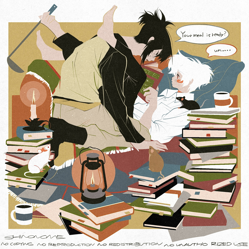 2boys, animal, animal_on_shoulder, barefoot, black_footwear, black_hair, blush, blush_stickers